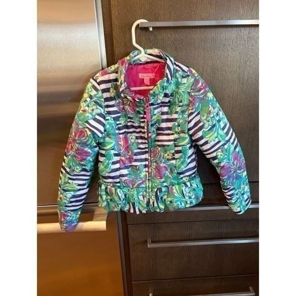 Lilly Pulitzer Girls Jacket - Size L (8-10) - Floral Puffer Striped